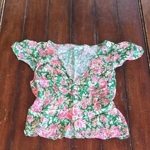 Topshop Pink Floral V-Neck Peplum Blouse on Green